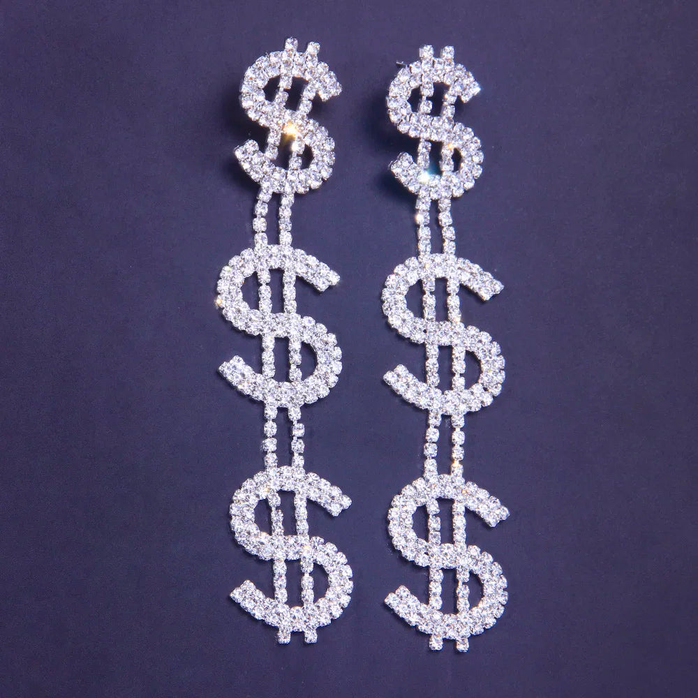 Long Dollar Earring Retro Jewelry Shiny Letter Rhinestone Earrings