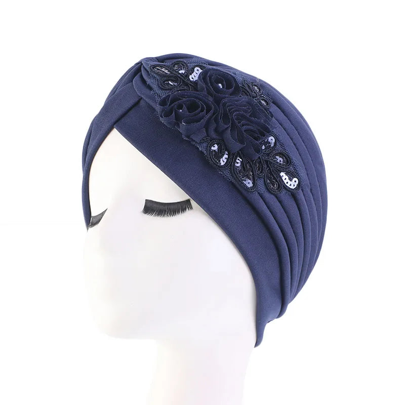 New Flower Decoration Turban, Solid Color Women's Head Wrap, Fashion Headwear, Bandana Cap