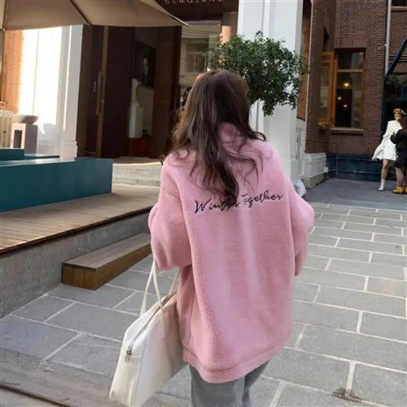 Winter Letter Pink Zipper coat Lamb Wool Keep Warm Mid-length Women Sweatshirt