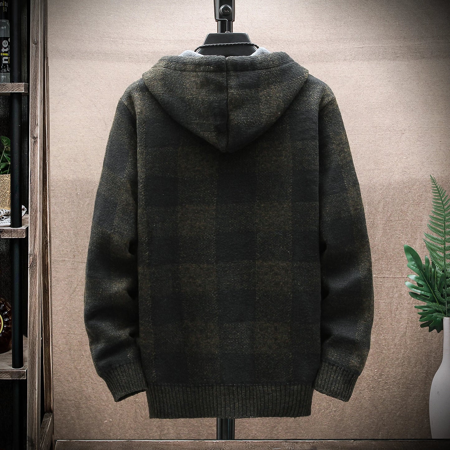 Men's New Winter Plaid Sweater Hooded Cardigan Cold Coat Wool Zipper Jacket Jumper