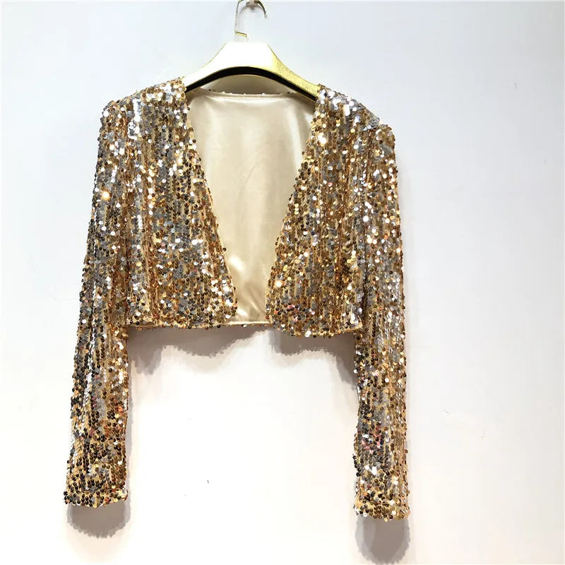 Women Coat Shining Sequined Long Sleeve Cropped Length Open Front Bolero Shrug Sequin Cardigan Short Jacket