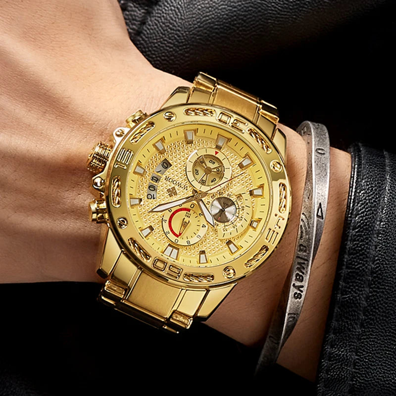 WWOOR Mens Watches Luxury Gold Stainless Steel Quartz Watch Men Waterproof