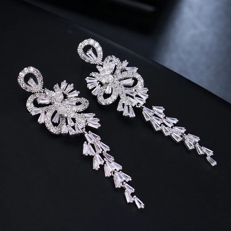 Charm Bridal Jewelry Dangle Wedding Long Earring Drop Cubic Zirconia Earrings