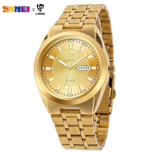 Men's and women Wristwatch Quartz Movement Stainless Steel Strap Time Date Casual Gold Watch