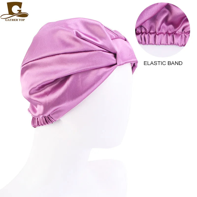 Silk Sleeping Bonnet Caps For Women Silky Headcover Double Layer Knotted Headband