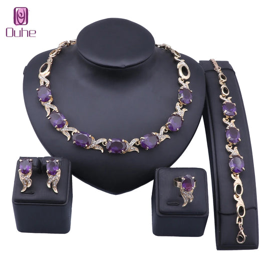 Wedding Gold Color Purple Zircon Crystal Trendy Necklace Jewelry Sets Party Women Bridal Bracelet Earrings Ring Accessories Set - Hiron Store