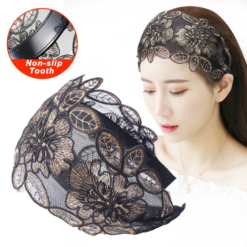 Lace Flowers Headband Women Hair Hoop belt Toothed Non-Slip Elastic Hairband Hair Accessories Hair belts