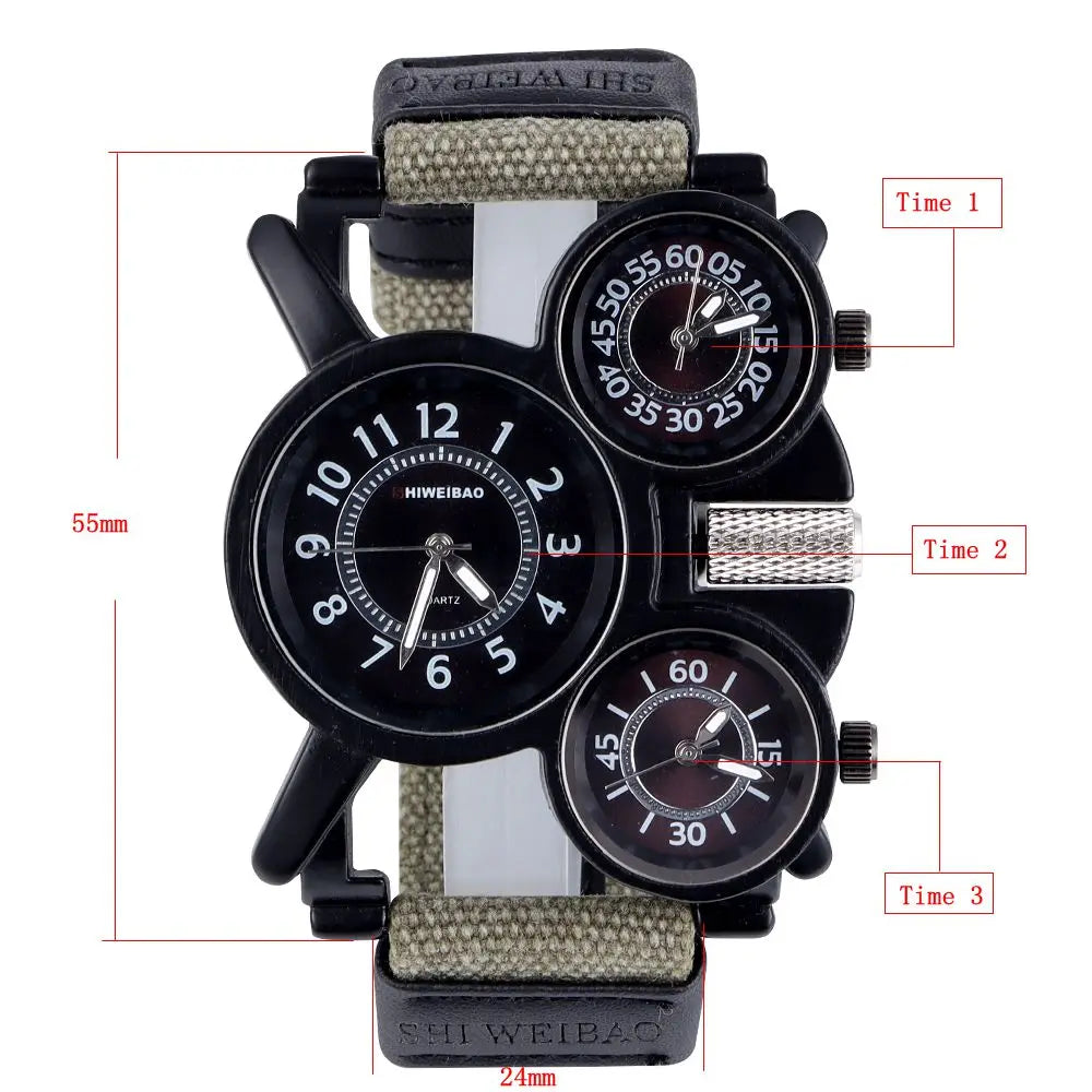 Multiple Time Zone Watches Men Brand Quartz Military Wristwatch