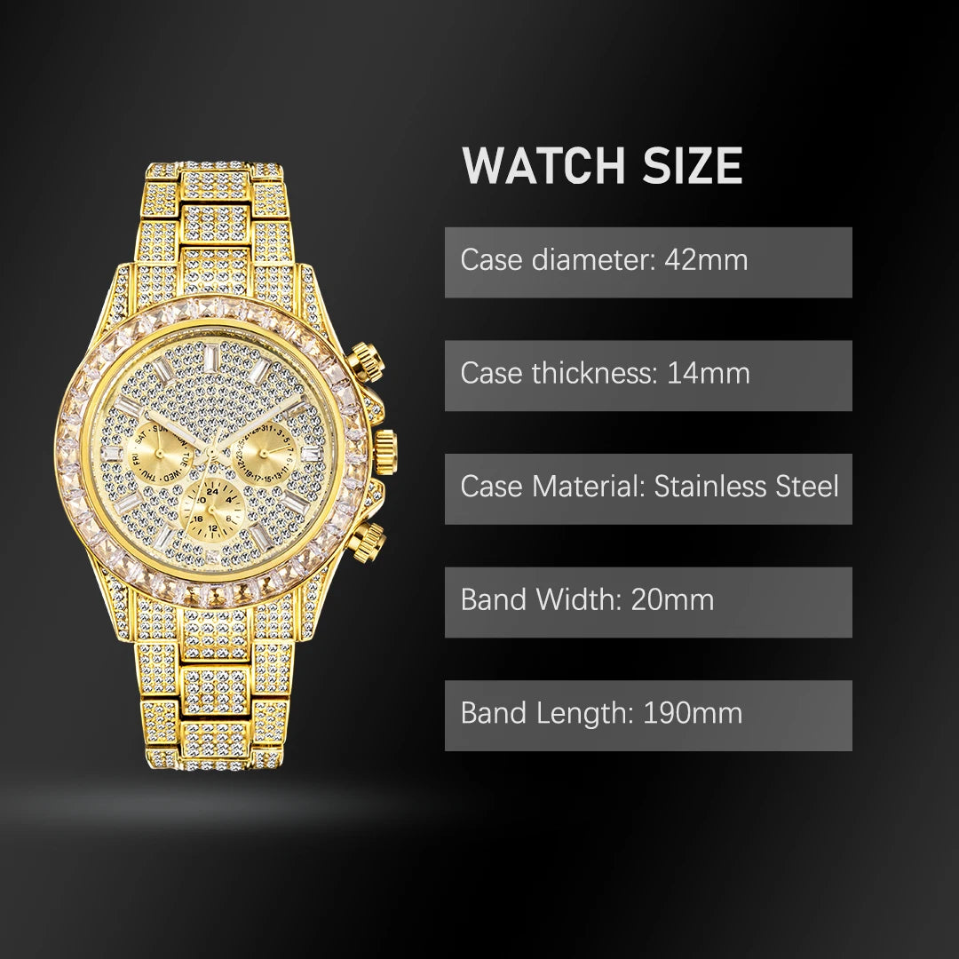 Gold Men Watch With Rainbow Diamond Dial Waterproof Watches