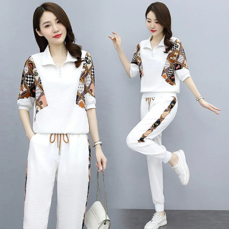 Women's Fashion Pencil Pant Suit 2024 New Summer Leisure Clothing Foreign Style Crop Top Two Piece Set Women Leggings Tracksuit - Hiron Store