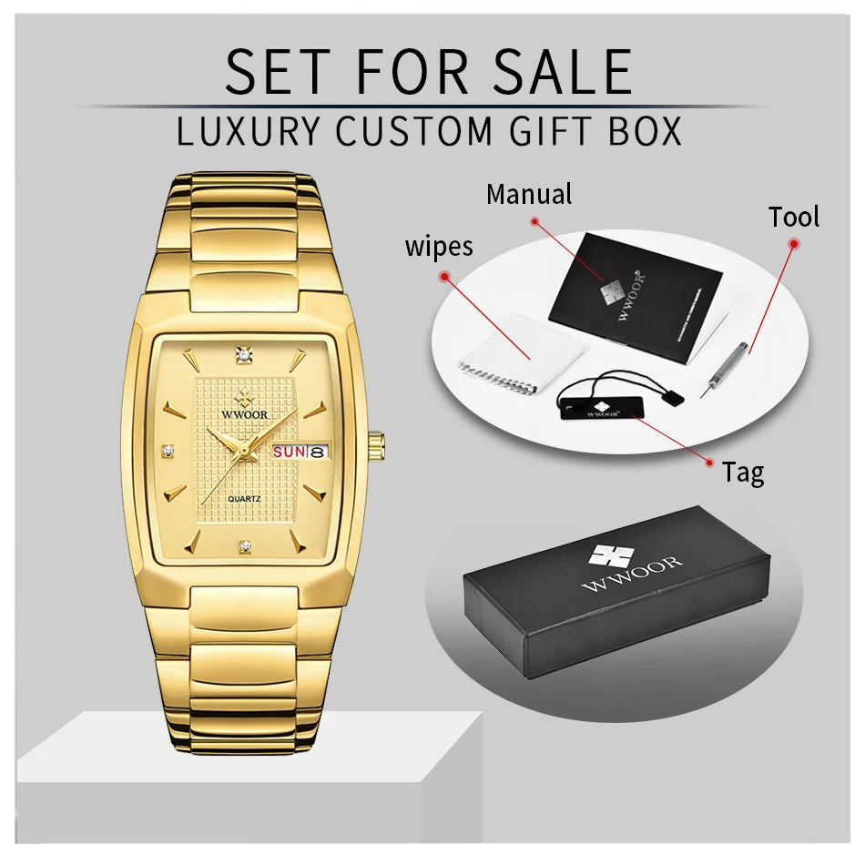 Square Watch Automatic Luxury Stainless Steel Gold Men's Quartz Wrist Watches