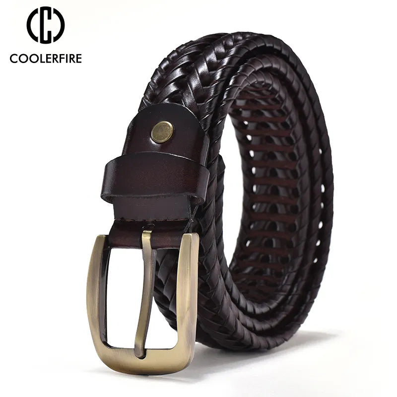 Men Genuine Leather Braided Belts Webbing High Quality Hand Vintage Belts for Men Gold Pin Buckle Casual for Jeans Strap HQ212 - Hiron Store