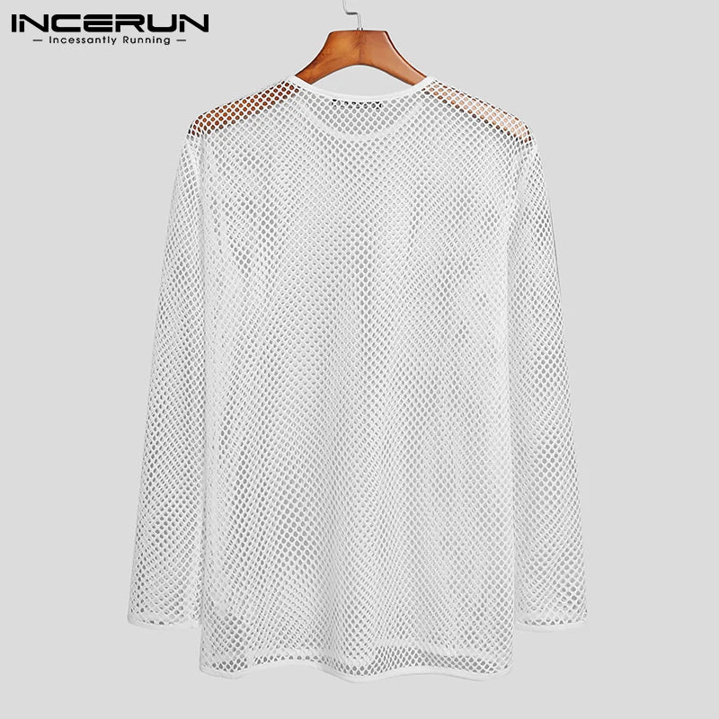 Men T Shirt Mesh Transparent O-neck Long Sleeve T-shirts Sexy Streetwear Fashion Party Nightclub Men Clothing S-5XL - Hiron Store