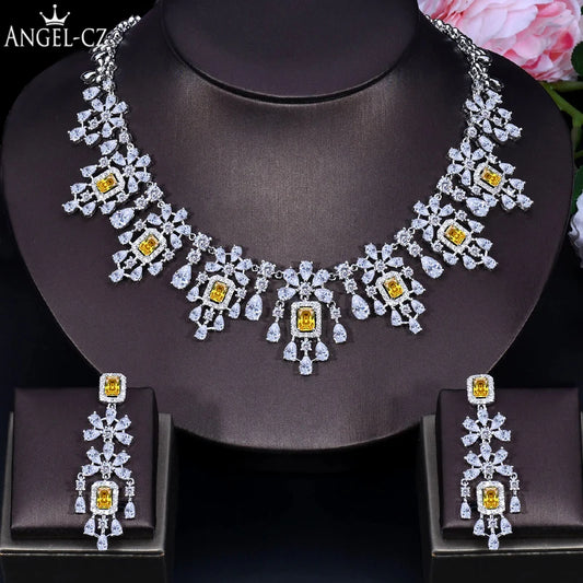 Costume Jewellery Set for Women Yellow Cubic Zirconia Tassel Square Drop Necklace Earrings