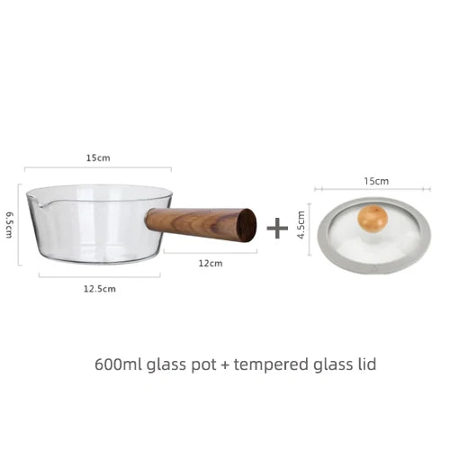 400ml/600ml Glass Milk Pot With Wooden Handle Transparent Cooking Heating Milk Soup Noodle Household Kitchen Cookware Clay Stock