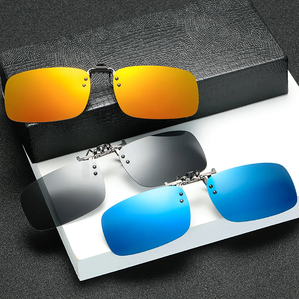 Mirror Blue Flip Up Clip on Sunglasses Fishing Men Square Polarized Lens Metal Night Vision Driving Women Glasses