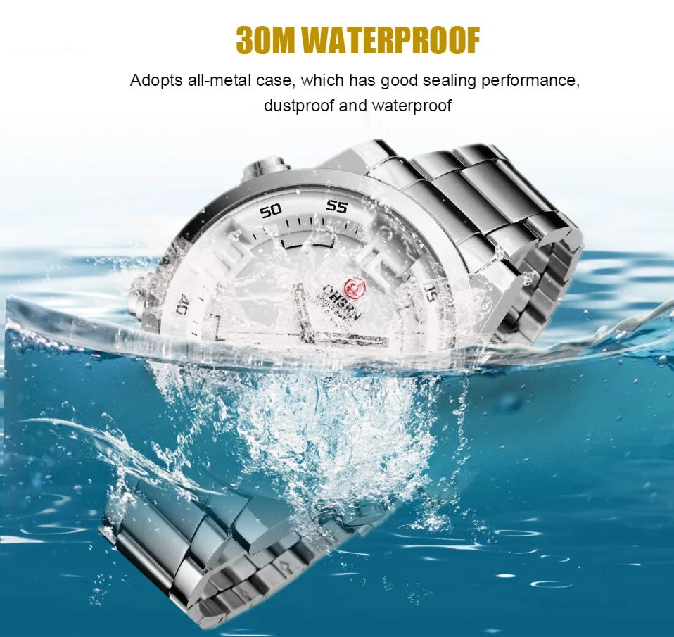 Sport Watch Men Digital Quartz LED Steel Strap Man Dual Time Watch 3ATM Waterproof Military Wristwatches Relogios