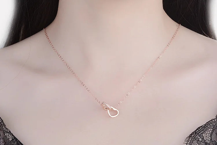 Sterling Silver Necklace Pendant Rose Gold Double Heart Crystal Jewelry