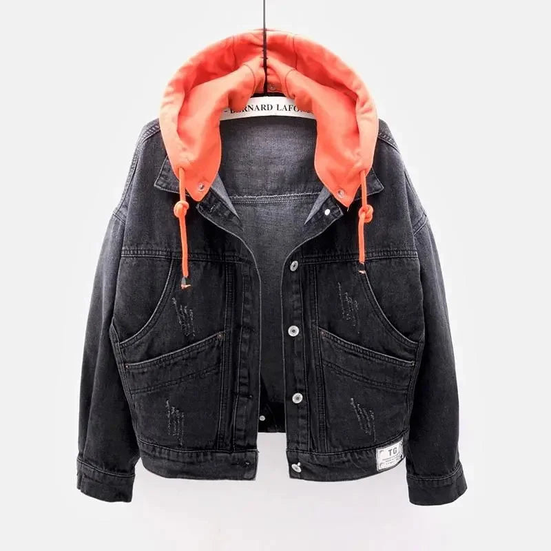 Blue Hooded Jacket Women Loose Button Patchwork Outwear Jean Coat Female