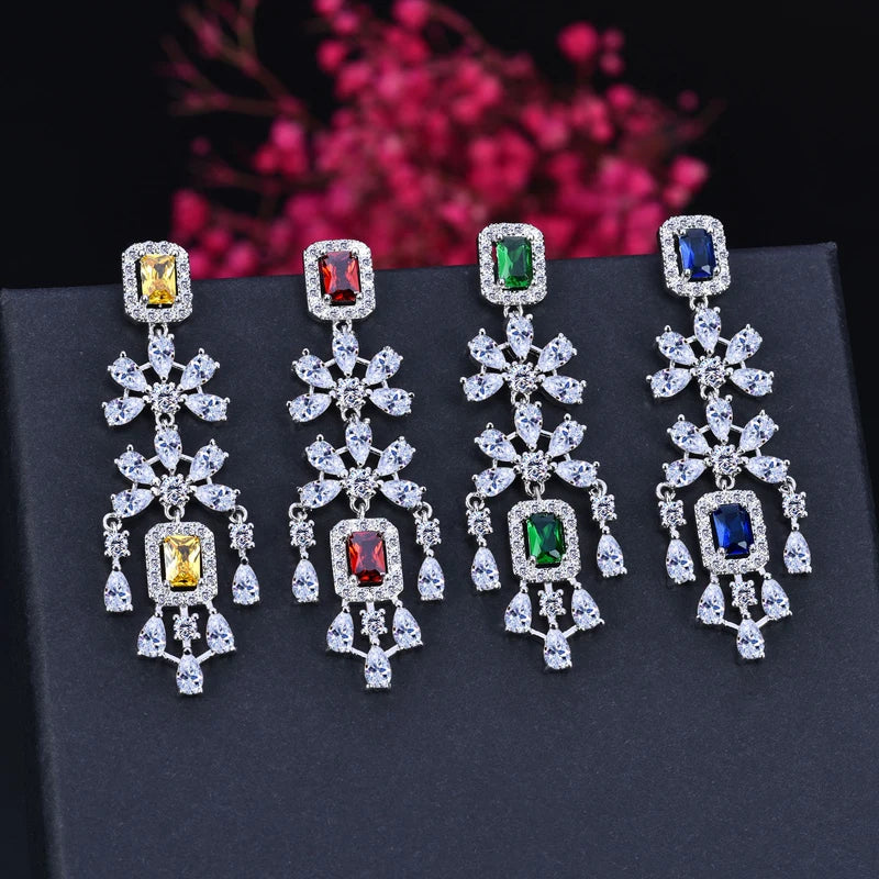 Costume Jewellery Set for Women Yellow Cubic Zirconia Tassel Square Drop Necklace Earrings