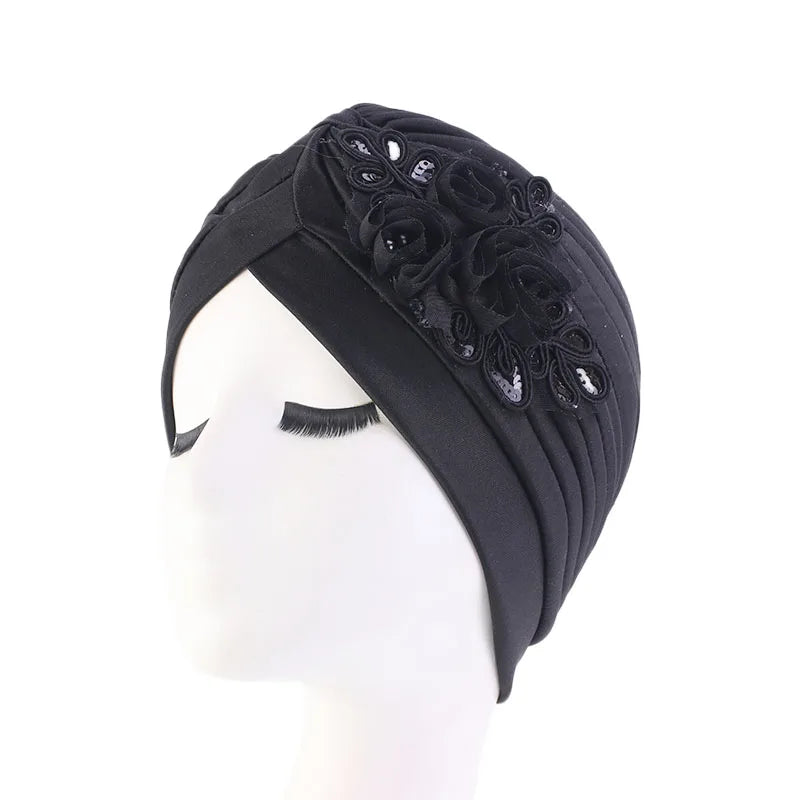 New Flower Decoration Turban, Solid Color Women's Head Wrap, Fashion Headwear, Bandana Cap