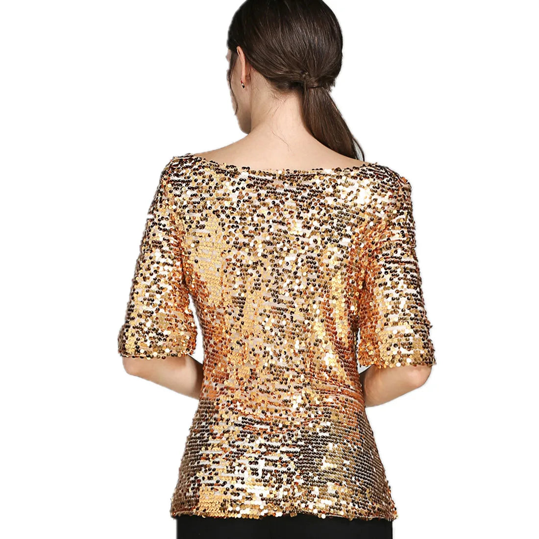 Women Shiny Stretch Tops Female Sequin Embroidery Five-point Sleeve Loose Blouses Streetwear