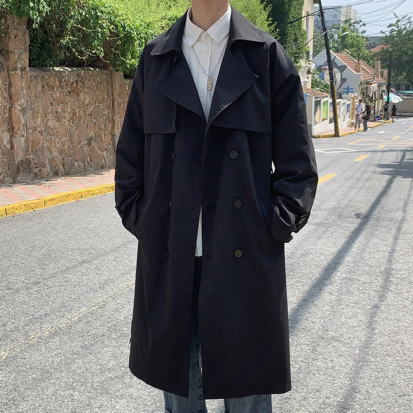 Korean Men Solid Business Casual Loose Long Overcoat