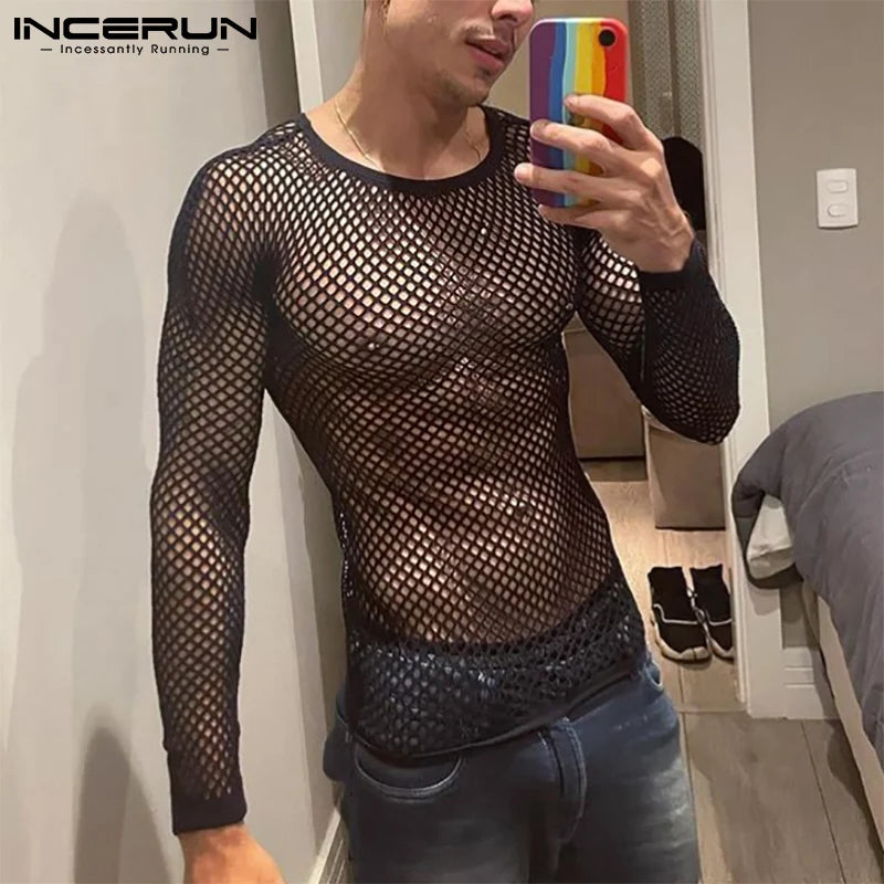 Men T Shirt Mesh Transparent O-neck Long Sleeve T-shirts Sexy Streetwear Fashion Party Nightclub Men Clothing S-5XL - Hiron Store