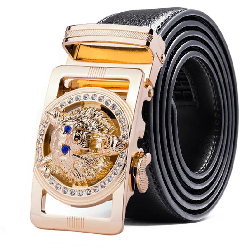 Genuine Leather Wolf belt for Men Polychrome rhinestone Alloy belt automatic buckle black