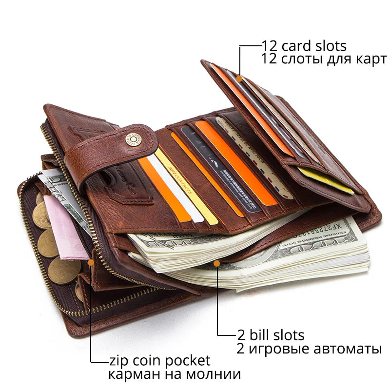 Genuine Leather RFID Wallet Men With Coin Pocket Wallets Small Zipper Card Holders Man Purse