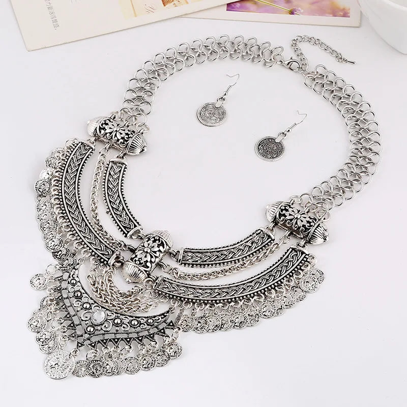 Fashion Choker Collar Jewelry Sets For Women Coin Tassel Ethnic Gypsy Bohemian Statement Collier Necklaces Drop Dangle Earrings - Hiron Store