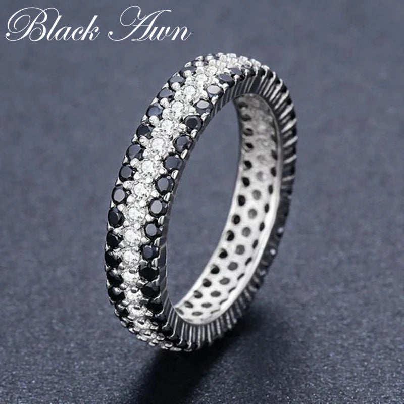 Classic Silver Color Jewelry Bague Round Black Spinel Engagement Rings