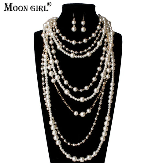 New MOON GIRL Multi-layer Simulated Pearls Chain Long Necklace Trendy Statement Choker Necklace for women Fashion Jewelry - Hiron Store