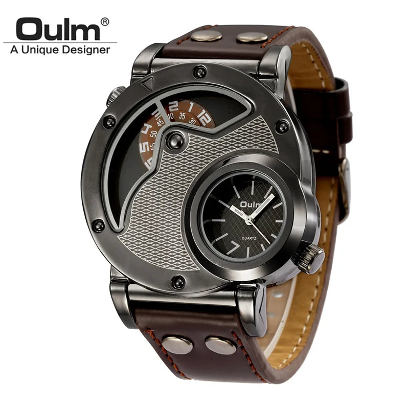 Oulm Designer Brand Luxury Watches For Men Dual Time Quartz Watch Casual Man Leather Watch