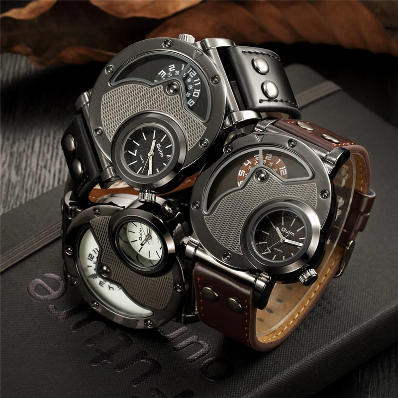 Oulm Designer Brand Luxury Watches For Men Dual Time Quartz Watch Casual Man Leather Watch