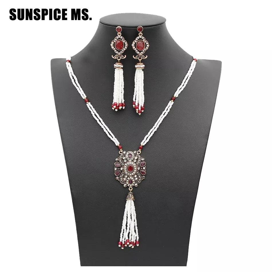 Sunspicems Elegant Turkish Women Bead Jewelry Sets Long Bead Chain Necklace Tassels Earrings Antique Gold Color Arabic Jewelry - Hiron Store