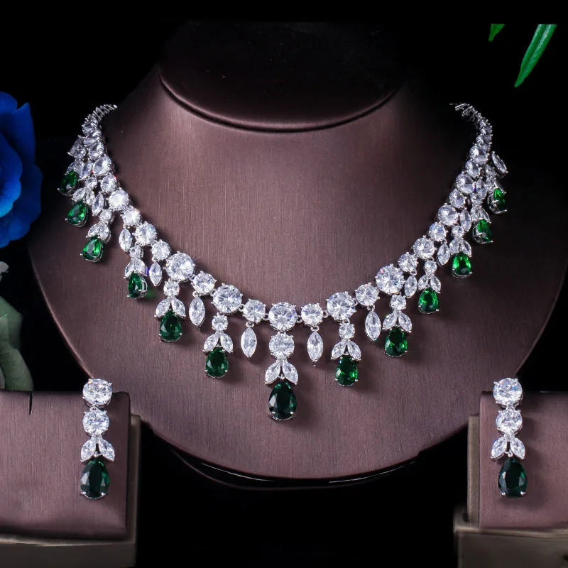 ThreeGraces Luxury Green CZ Stone Earrings Necklace Set Brilliant Big Long Drop Wedding Bridal Dress Jewelry Set for Women JS256 - Hiron Store