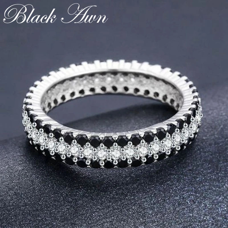 Classic Silver Color Jewelry Bague Round Black Spinel Engagement Rings