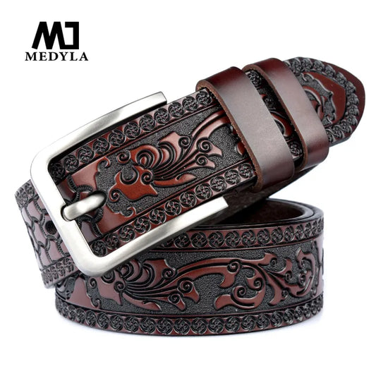 MEDYLA Belts For Men High Quality Cow Genuine Leather Embossing Belt Male Fashion Classic Vintage Pin Buckle Strap For - Hiron Store