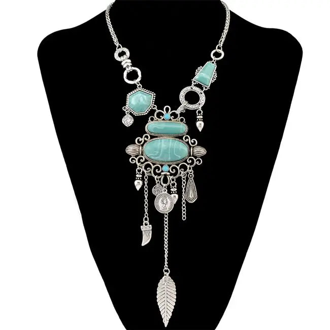 Bohemian Collier Femme Tassel Maxi Coin Neck Chain Turkish Green Stone Pendant Women Bib Collar Statement Necklac Gypsy Jewelry - Hiron Store