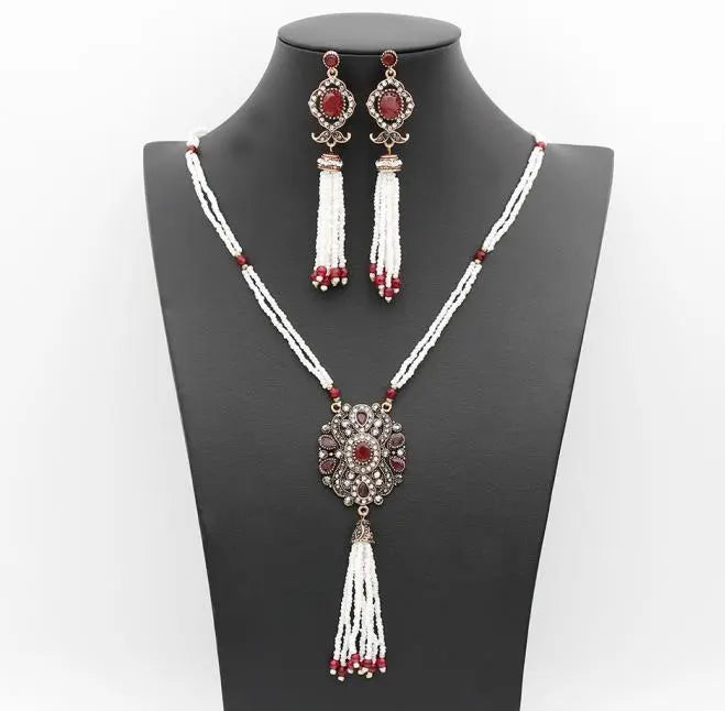 Sunspicems Elegant Turkish Women Bead Jewelry Sets Long Bead Chain Necklace Tassels Earrings Antique Gold Color Arabic Jewelry - Hiron Store