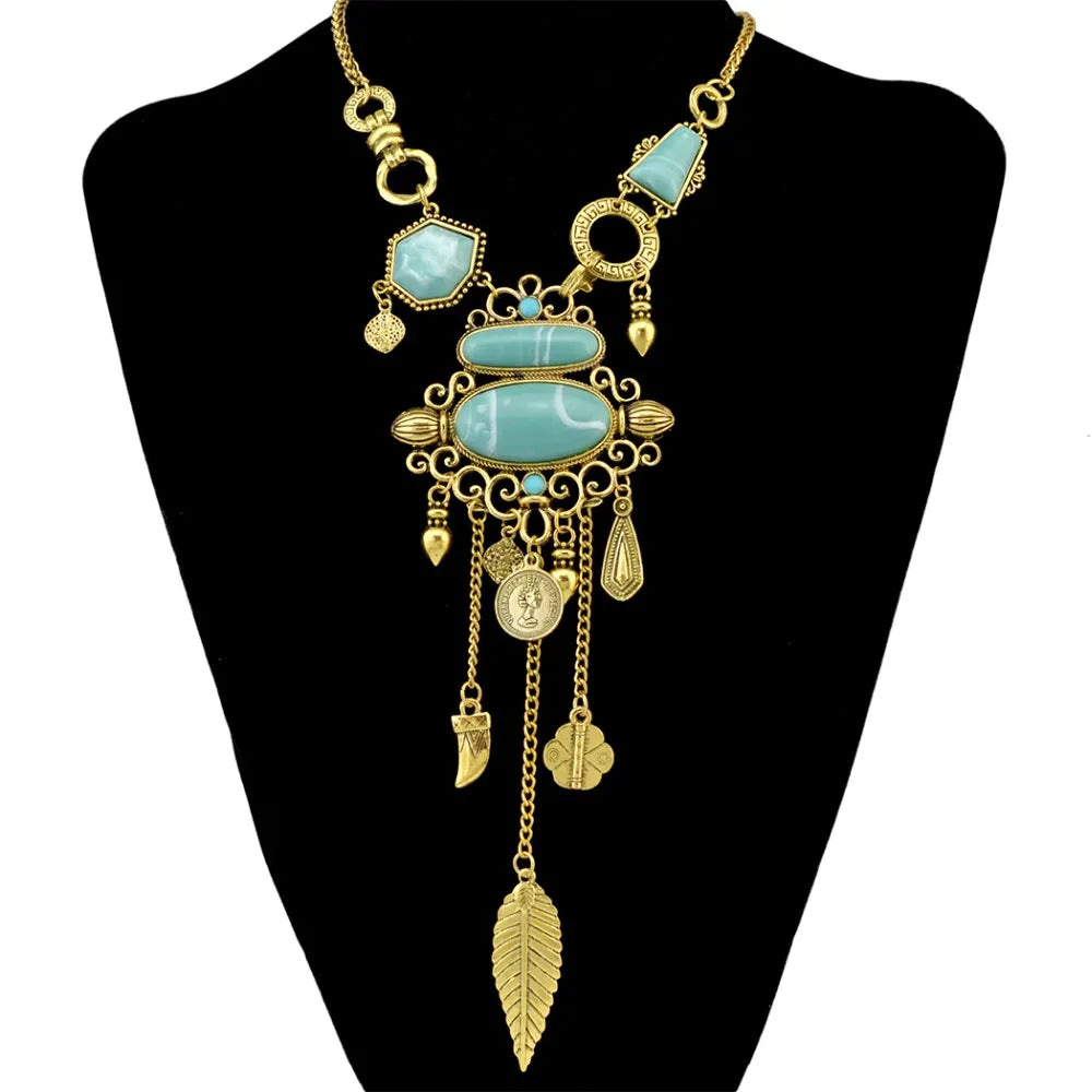 Bohemian Collier Femme Tassel Maxi Coin Neck Chain Turkish Green Stone Pendant Women Bib Collar Statement Necklac Gypsy Jewelry - Hiron Store