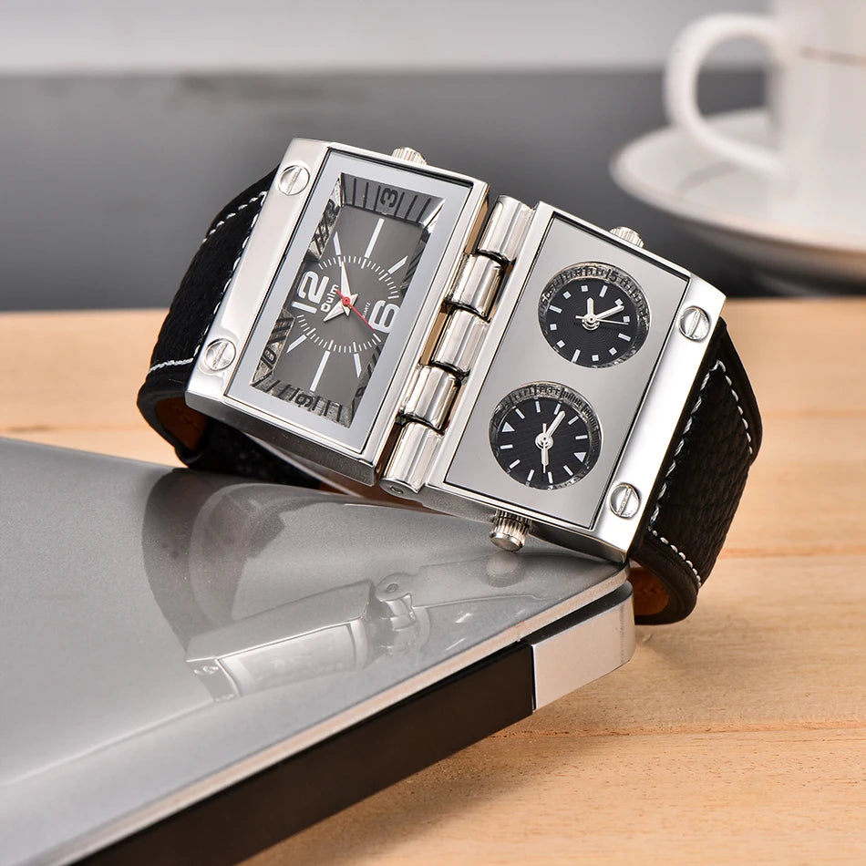 Two Screen Watch Dual Display Watches Men Watch Fold Big Size Clock Leather Quartz Watc