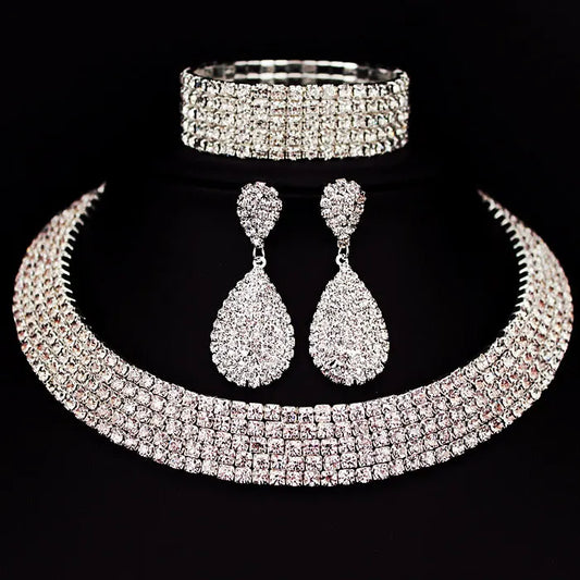 Rhinestone Crystal Choker Necklace Earrings and Bracelet Wedding Jewellery Sets