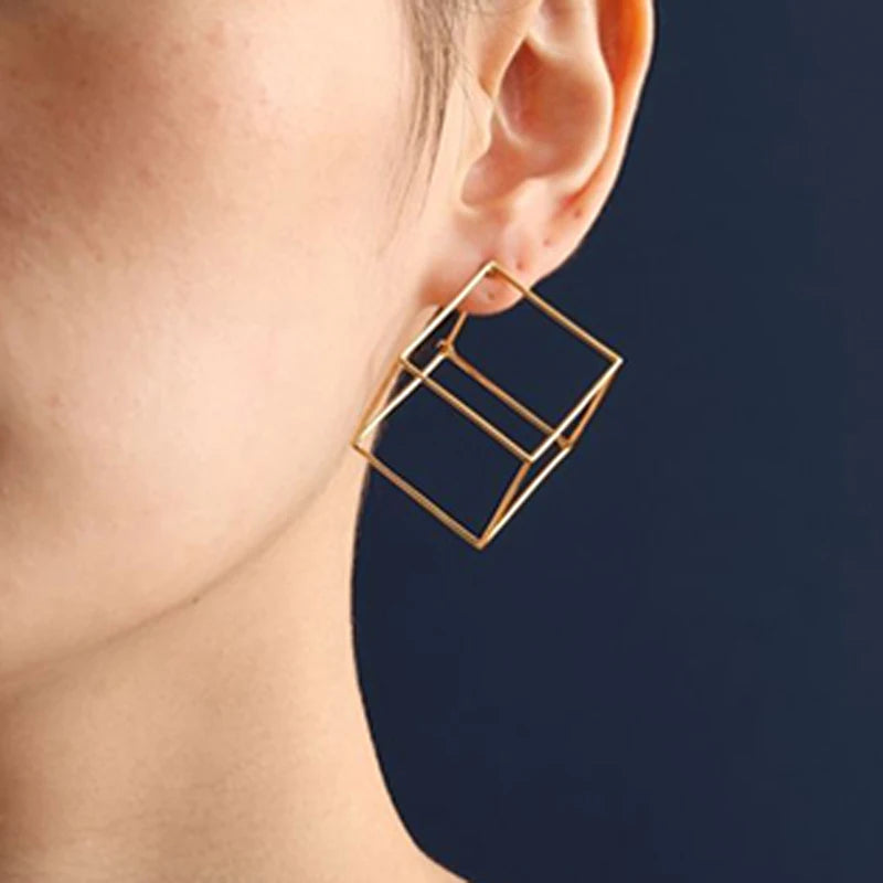 Minimalist Brief Style Copper 3D Cube Stud Earrings