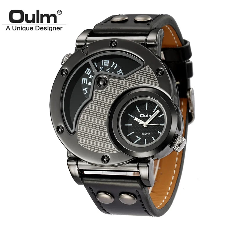 Oulm Designer Brand Luxury Watches For Men Dual Time Quartz Watch Casual Man Leather Watch