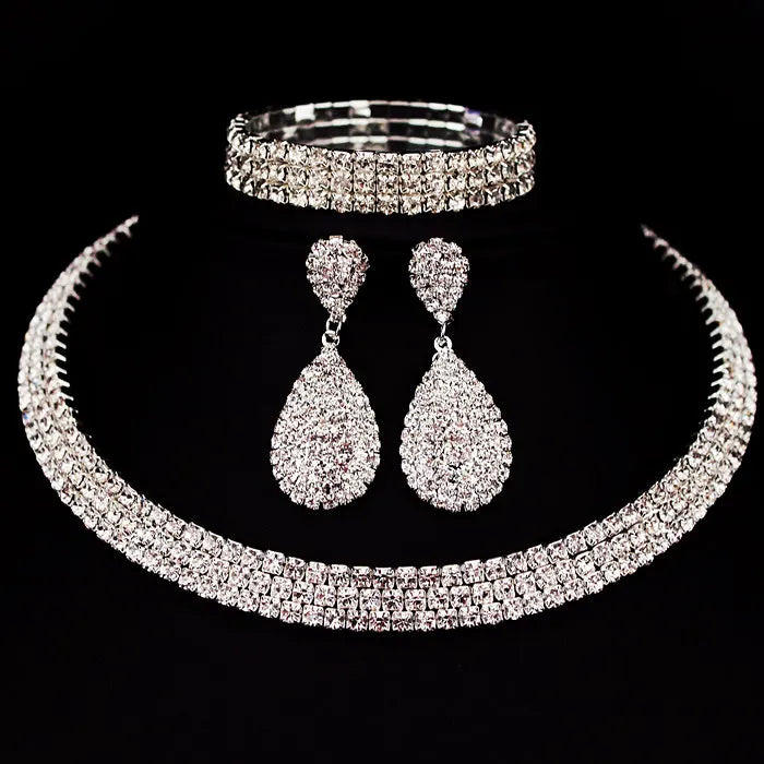 Rhinestone Crystal Choker Necklace Earrings and Bracelet Wedding Jewellery Sets