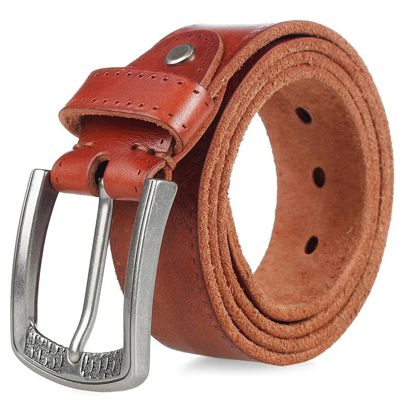 Men's Belt Natural Skin Cowhide Belt Vintage Alloy Pin Buckle Strap Casual Leather Belt