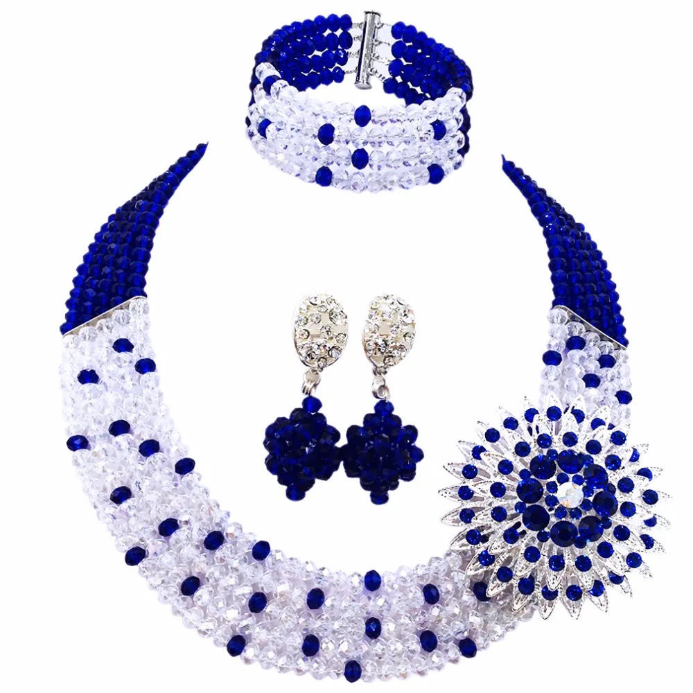 Amazing! Royal Blue Transparent Crystal Beaded Nigerian Wedding African Beads Jewelry Set for Women Girls 5L-ZJ009 - Hiron Store