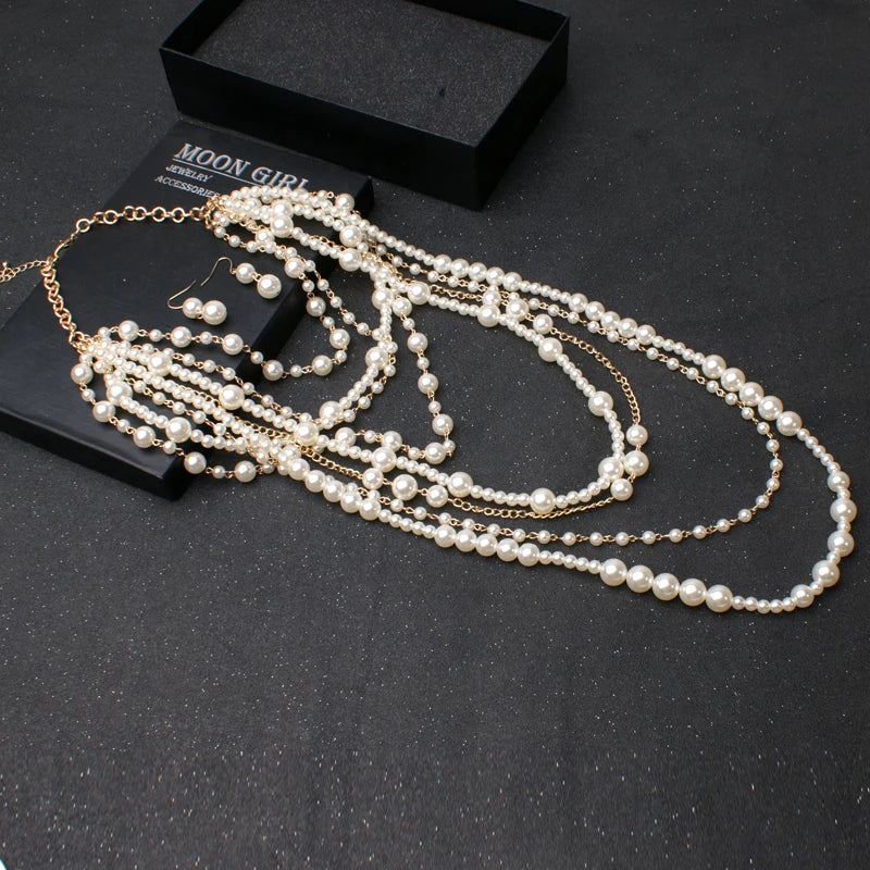 New MOON GIRL Multi-layer Simulated Pearls Chain Long Necklace Trendy Statement Choker Necklace for women Fashion Jewelry - Hiron Store